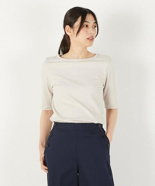MELROSE claire(メルローズ クレール)の「【ワイドリブ万能5分袖カットプルオーバー】(Tシャツ/カットソー・レディース・ベージュ系その他/グリーン/ライトブラウン/ブラック・FREE)」の1枚目の写真