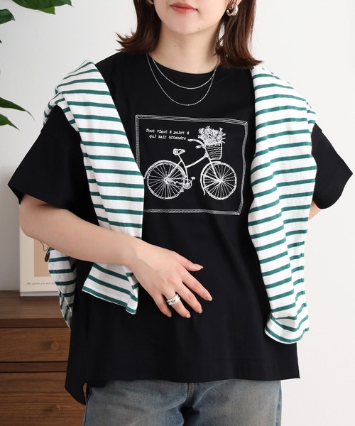 tシャツ BRODIAEA 自転車刺繍半袖Tシャツ「日本製」 レディース セール】BRODIAEA 自転車刺繍半袖Tシャツ【日本製】（Tシャツ