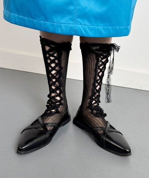 VIVID LADY(ビビッドレディー)の「レースアップ シアーラメ ハイソックス(ソックス/靴下・レディース・シルバー/ブラック/ライトブルー/グリーン/ピンク・FREE)」の7枚目の写真