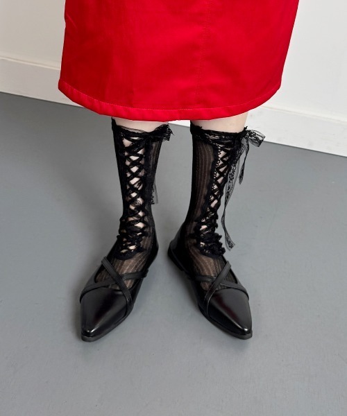 VIVID LADY(ビビッドレディー)の「レースアップ シアーラメ ハイソックス(ソックス/靴下・レディース・シルバー/ブラック/ライトブルー/グリーン/ピンク・FREE)」の8枚目の写真