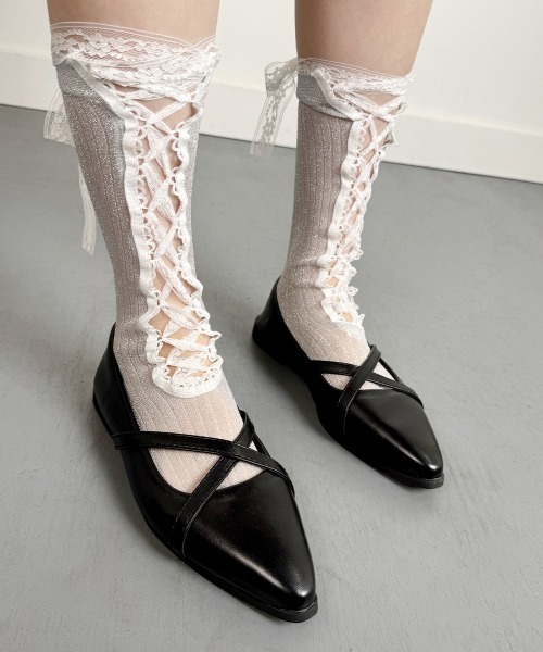 VIVID LADY(ビビッドレディー)の「レースアップ シアーラメ ハイソックス(ソックス/靴下・レディース・シルバー/ブラック/ライトブルー/グリーン/ピンク・FREE)」の9枚目の写真