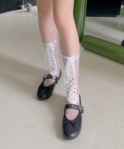 VIVID LADY(ビビッドレディー)の「レースアップ シアーラメ ハイソックス(ソックス/靴下・レディース・シルバー/ブラック/ライトブルー/グリーン/ピンク・FREE)」の15枚目の写真