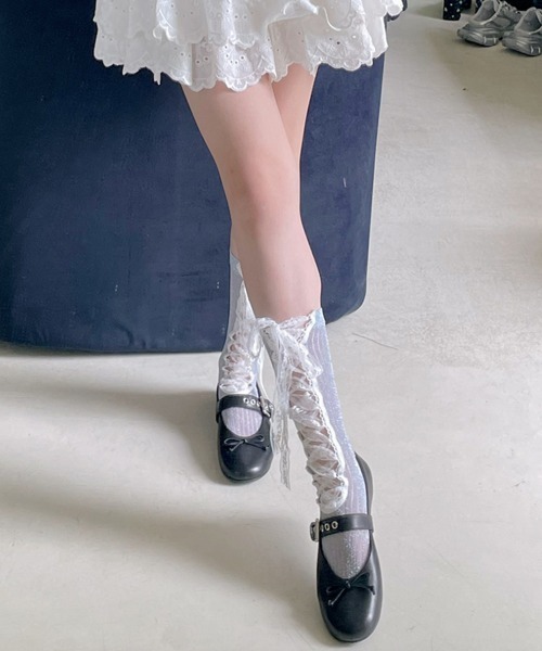 VIVID LADY(ビビッドレディー)の「レースアップ シアーラメ ハイソックス(ソックス/靴下・レディース・シルバー/ブラック/ライトブルー/グリーン/ピンク・FREE)」の19枚目の写真