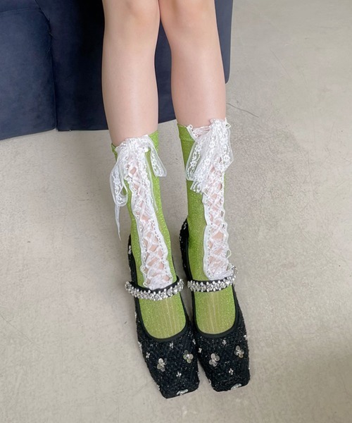 VIVID LADY(ビビッドレディー)の「レースアップ シアーラメ ハイソックス(ソックス/靴下・レディース・シルバー/ブラック/ライトブルー/グリーン/ピンク・FREE)」の20枚目の写真