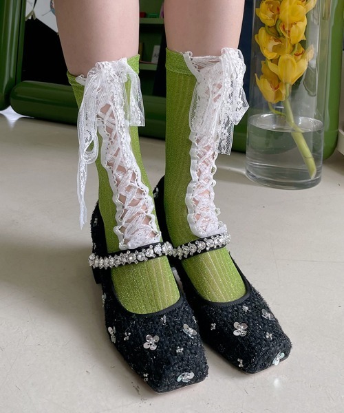 VIVID LADY(ビビッドレディー)の「レースアップ シアーラメ ハイソックス(ソックス/靴下・レディース・シルバー/ブラック/ライトブルー/グリーン/ピンク・FREE)」の21枚目の写真