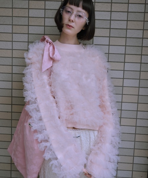 HONEY MI HONEY(ハニーミーハニー)の「【ZOZO限定】volume tulle knit tops(ニット/セーター・レディース・オフホワイト/グレー/サックスブルー/ピンク・FREE)」の4枚目の写真