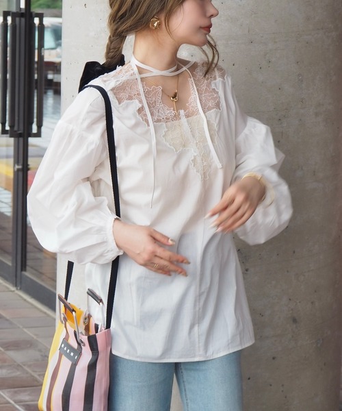 LAULEN(ローレン)の「back ribbon lace cotton blouse /バックリボンレース切替コットンブラウス(シャツ/ブラウス・レディース・ブラック/ホワイト・FREE)」の8枚目の写真