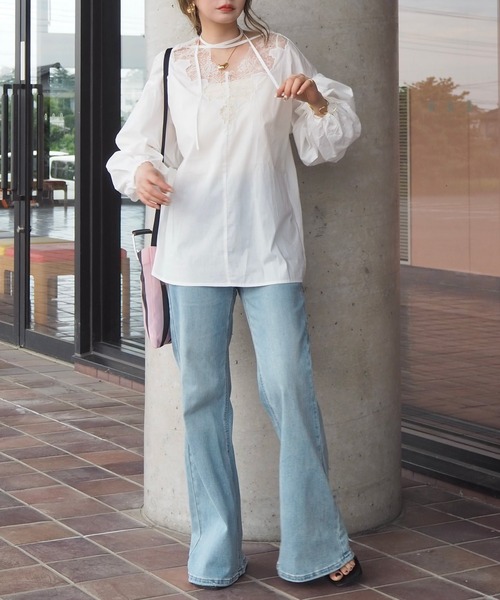 LAULEN(ローレン)の「back ribbon lace cotton blouse /バックリボンレース切替コットンブラウス(シャツ/ブラウス・レディース・ブラック/ホワイト・FREE)」の9枚目の写真