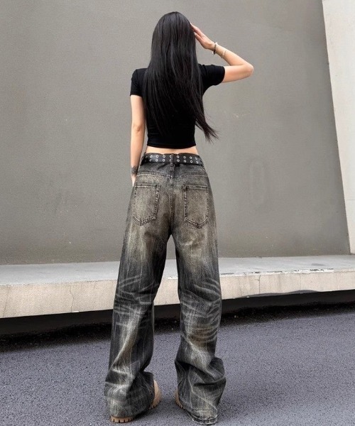 セール】クラッシュウォッシュ ワイドストレートデニムパンツ