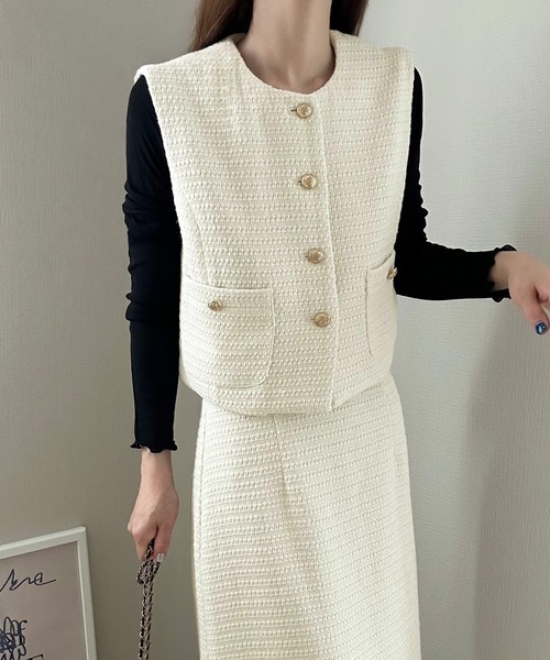 セール】ツイードベスト+スカートセット[高身長サイズMT有り