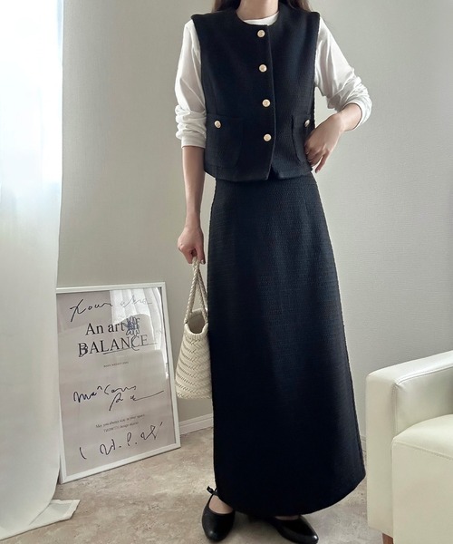 セール】ツイードベスト+スカートセット[高身長サイズMT有り