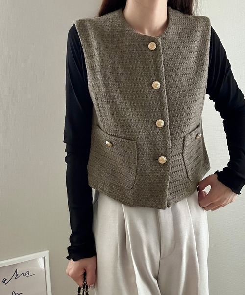 セール】ツイードベスト+スカートセット[高身長サイズMT有り