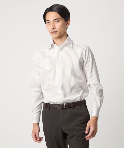 green label relaxing(グリーンレーベルリラクシング)の「コットン ピンストライプ タブカラー ドレスシャツ -イージーアイロン-(ビジネスシャツ・メンズ・ネイビー/ブラウン系・40cm/42cm/39cm/41cm/43cm/37cm/38cm)」の1枚目の写真
