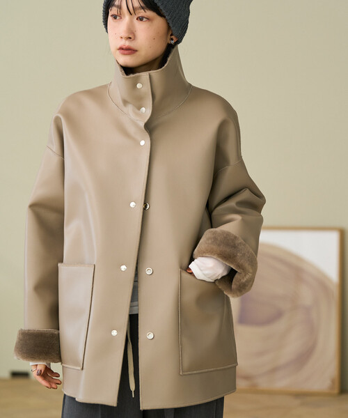 セール】ファーボア スタンドコート/レザレット 裏ボア 配色 コート