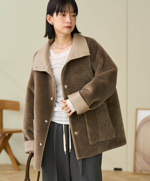 セール】ファーボア スタンドコート/レザレット 裏ボア 配色 コート