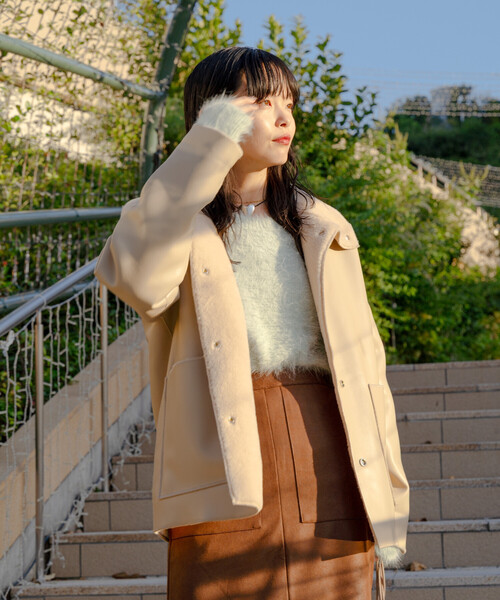 セール】ファーボア スタンドコート/レザレット 裏ボア 配色 コート