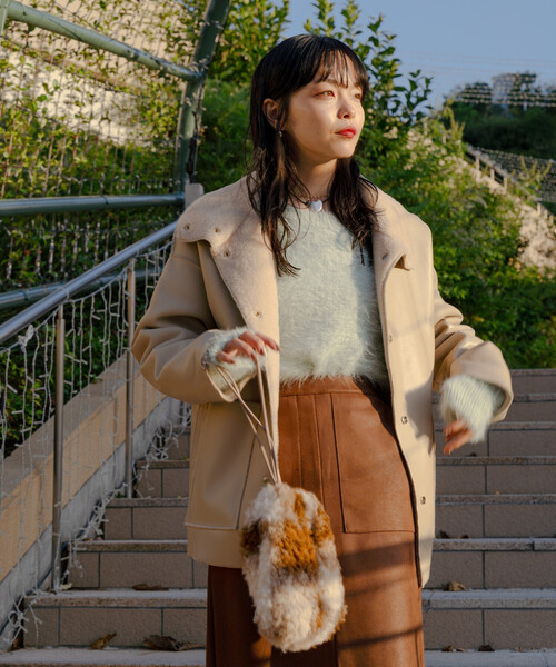 セール】ファーボア スタンドコート/レザレット 裏ボア 配色 コート