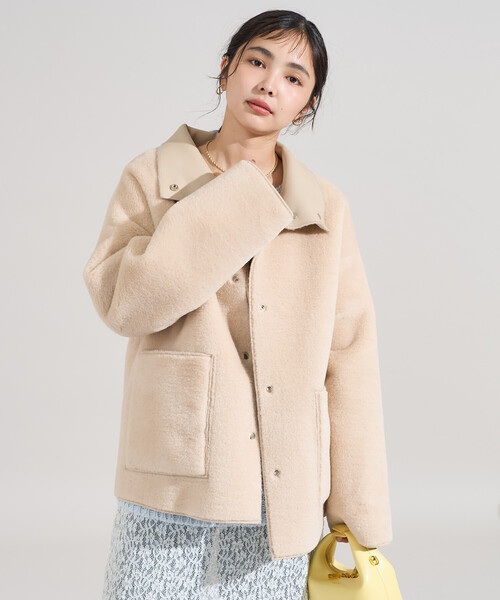 セール】ファーボア スタンドコート/レザレット 裏ボア 配色 コート