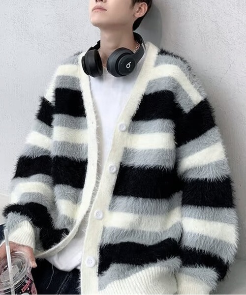 JOHNNY WOLF（ジョニーウルフ）の「NEHAN フェザーモールニット ボーダー ルーズ カーディガン（カーディガン/ボレロ・メンズ・ブラック・FREE）」の3枚目の写真