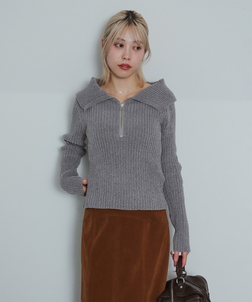 Ray BEAMS（レイビームス）の「モール ハーフジップ ビッグカラー ニット（ニット/セーター・レディース・オフホワイト/シルバー/ライトブルー・ONE SIZE）」の5枚目の写真