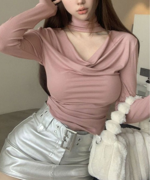 kirakiraShop(キラキラショップ)の「チョーカー風 ネック ドレープ カットソー(Tシャツ/カットソー・レディース・ホワイト/ピンク/チャコール/ブラック・FREE)」の14枚目の写真