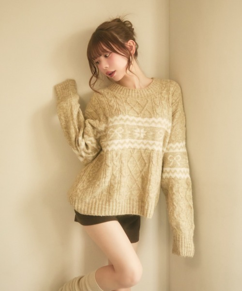 TITTY&CO.（ティティーアンドコー）の「ノルディックリボンニット（ニット/セーター・レディース・ネイビー/ホワイト/グレー/ライトブルー/ベージュ・FREE）」の3枚目の写真