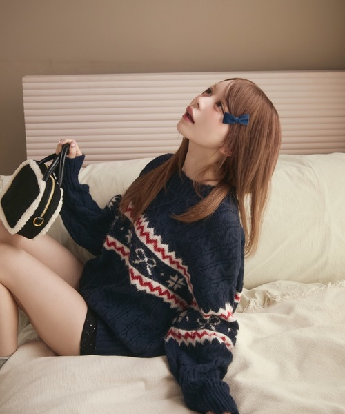 TITTY&CO.（ティティーアンドコー）の「ノルディックリボンニット（ニット/セーター・レディース・ネイビー/ホワイト/グレー/ライトブルー/ベージュ・FREE）」の13枚目の写真