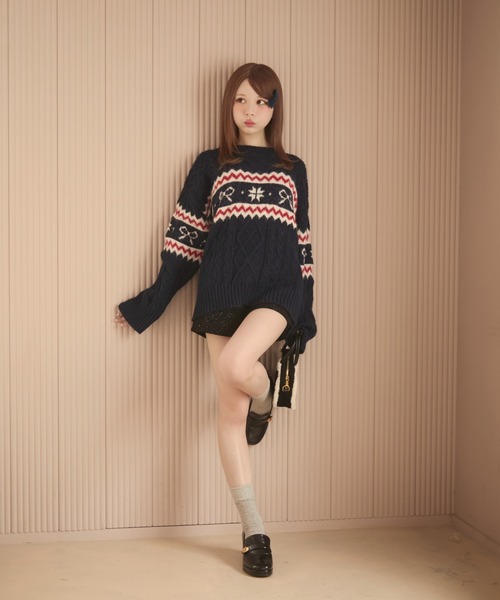 TITTY&CO.（ティティーアンドコー）の「ノルディックリボンニット（ニット/セーター・レディース・ネイビー/ホワイト/グレー/ライトブルー/ベージュ・FREE）」の7枚目の写真