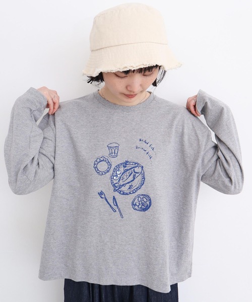 l'atelier du savon（アトリエドサボン）の「おさかな定食　プリントロンT（Tシャツ/カットソー・レディース・オフホワイト/グレー・FREE）」の9枚目の写真