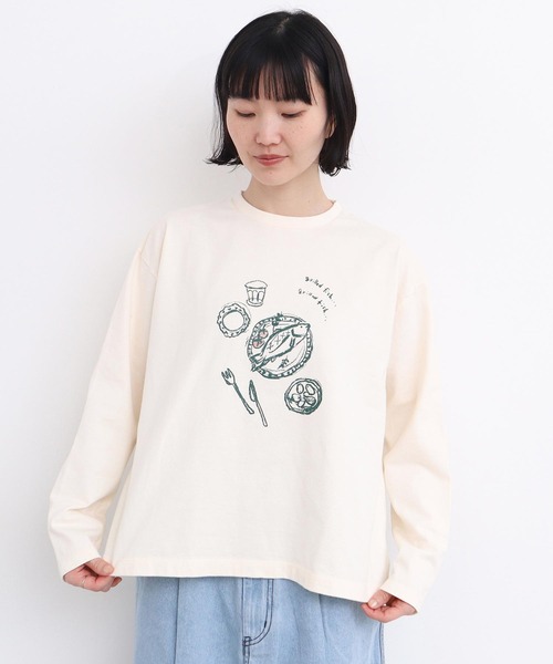 l'atelier du savon（アトリエドサボン）の「おさかな定食　プリントロンT（Tシャツ/カットソー・レディース・オフホワイト/グレー・FREE）」の7枚目の写真