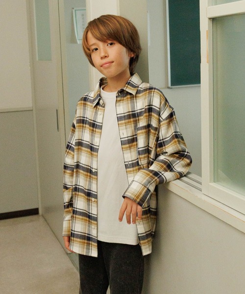 GLOBAL WORK（グローバルワーク）の「やわらかリッチネルチェック/498546（シャツ/ブラウス・キッズ・グレイッシュベージュ/ブラック・160cm/150cm/140cm/130cm）」の7枚目の写真