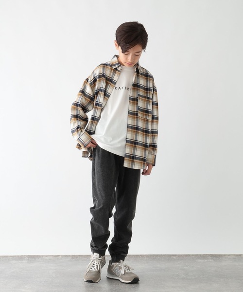 GLOBAL WORK（グローバルワーク）の「やわらかリッチネルチェック/498546（シャツ/ブラウス・キッズ・グレイッシュベージュ/ブラック・160cm/150cm/140cm/130cm）」の18枚目の写真