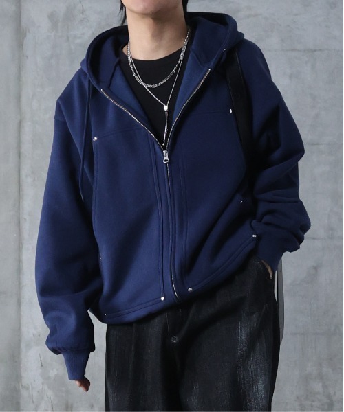 セール】AW ダブルポケット スタッズ リベット フルジップパーカー