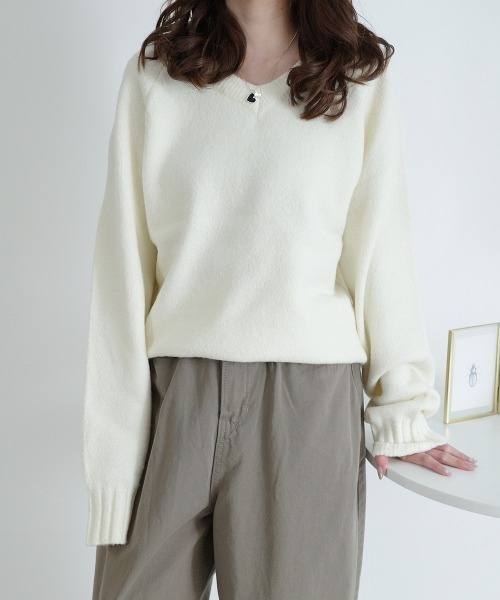 heve♡Tinker Knit white(ニット)ホワイト セール】Vネック ビック ケーブル ラメ レースドッキング ニット