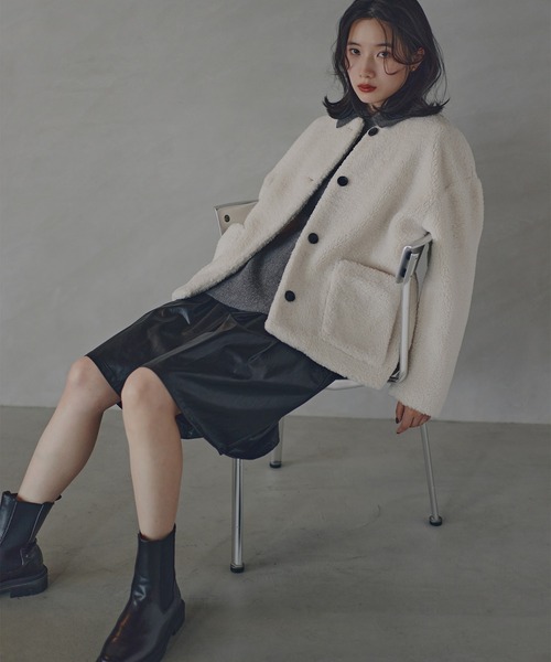 N.（N. Natural Beauty Basic）（エヌエヌナチュラルビューティーベーシック）の「ノーカラーボアブルゾン（ブルゾン・レディース・ブラウン/イエロー/オフホワイト・MEDIUM/SMALL）」の2枚目の写真