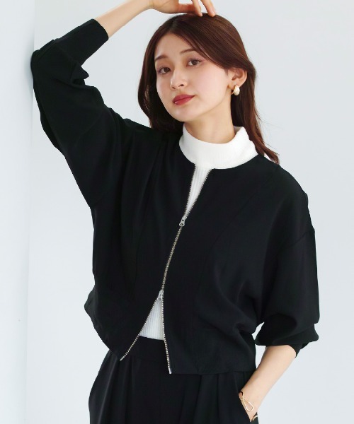 Emilyan(エミリアン)の「【 洗える・ストレッチ 】 梨地ストレッチ・ダブルジップリブブルゾン(Tシャツ/カットソー・レディース・ブラック/オフホワイト/モカ・M)」の3枚目の写真