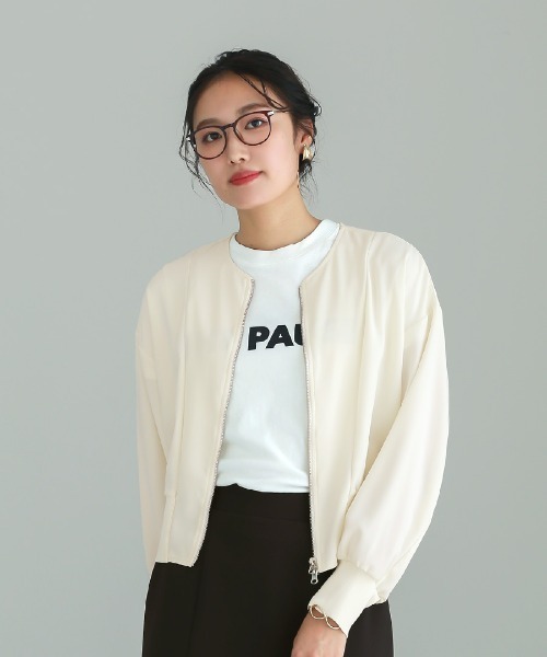 Emilyan(エミリアン)の「【 洗える・ストレッチ 】 梨地ストレッチ・ダブルジップリブブルゾン(Tシャツ/カットソー・レディース・ブラック/オフホワイト/モカ・M)」の6枚目の写真