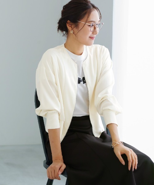 Emilyan(エミリアン)の「【 洗える・ストレッチ 】 梨地ストレッチ・ダブルジップリブブルゾン(Tシャツ/カットソー・レディース・ブラック/オフホワイト/モカ・M)」の8枚目の写真