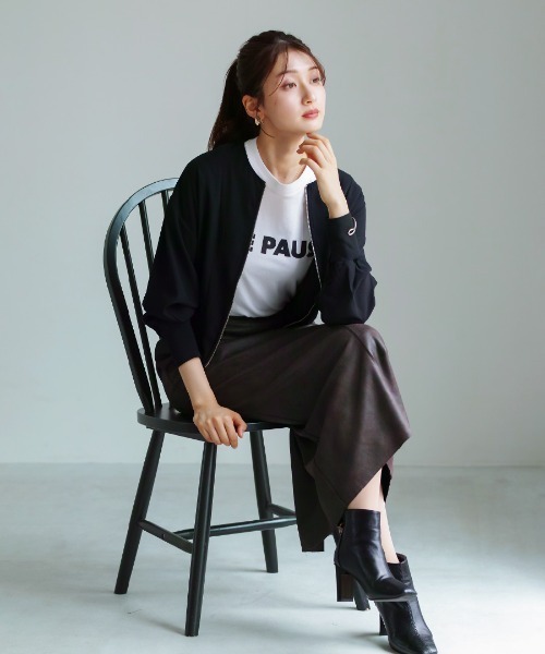 Emilyan(エミリアン)の「【 洗える・ストレッチ 】 梨地ストレッチ・ダブルジップリブブルゾン(Tシャツ/カットソー・レディース・ブラック/オフホワイト/モカ・M)」の18枚目の写真