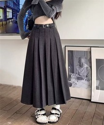 ウールライクプリーツロングスカート ベルト付け2点セット