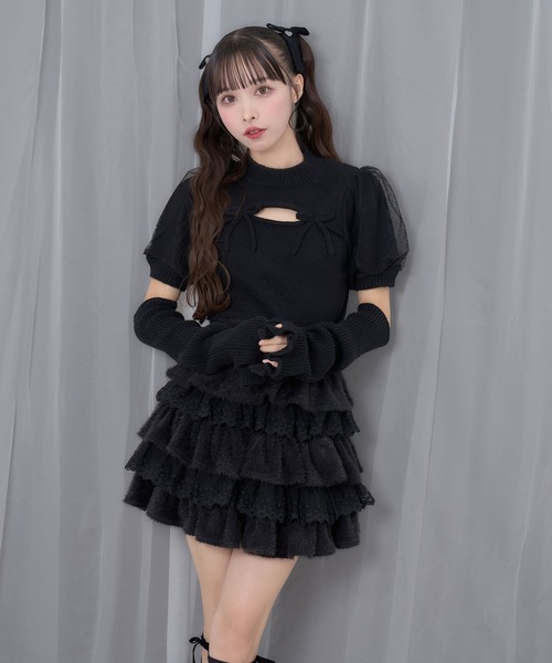 Honey Cinnamon（ハニーシナモン）の「アームカバーニットトップス（ニット/セーター・レディース・ホワイト/ブラック・FREE）」の2枚目の写真