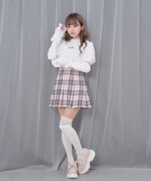 Honey Cinnamon（ハニーシナモン）の「アームカバーニットトップス（ニット/セーター・レディース・ホワイト/ブラック・FREE）」の3枚目の写真