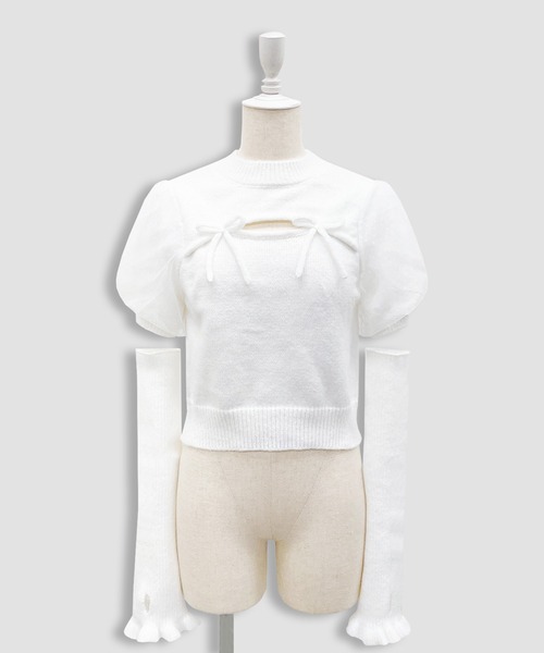 Honey Cinnamon（ハニーシナモン）の「アームカバーニットトップス（ニット/セーター・レディース・ホワイト/ブラック・FREE）」の5枚目の写真