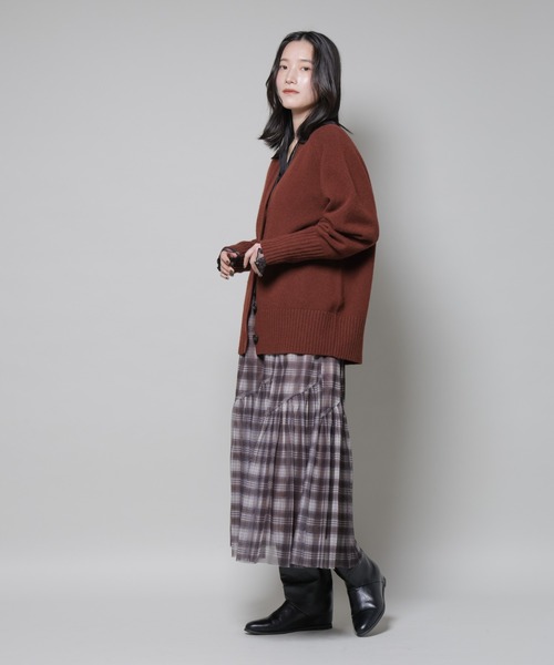 美品✨エブール Vネック 編みカーディガン ウールカシミヤ ブラウン 白ライン セール】AQUAウールカシミヤVネックカーディガン（カーディガン/ボレロ