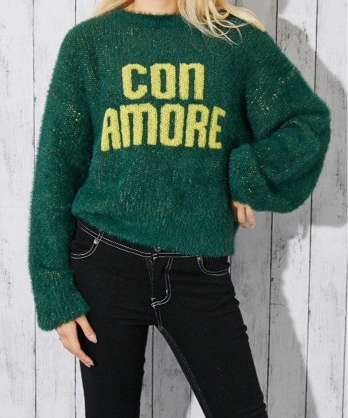 ダークグリーン ニットセーター ロゴ入り セール】《ふわもこロゴ映え☆》レディース フェザーニット セーター
