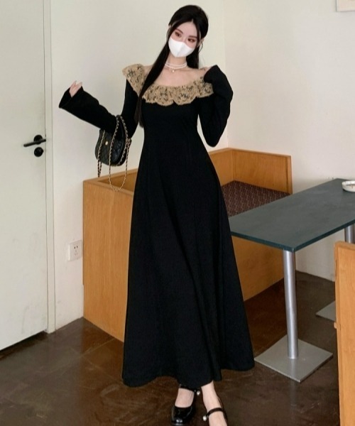 vintage 80s レース　ロングワンピース USA製 〜80年代 80s 花柄 総柄 ボタニカル レース襟 長袖 ワンピース