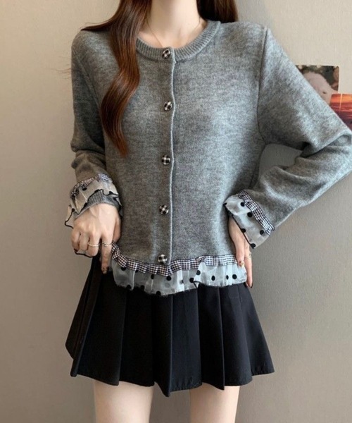 SPIGA(スピーガ)の「チェック×水玉クルーネックニットカーディガン(カーディガン/ボレロ・レディース・アイボリー/グレー/ブルー/ネイビー・FREE)」の5枚目の写真