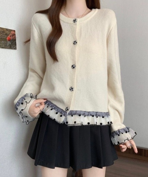 SPIGA(スピーガ)の「チェック×水玉クルーネックニットカーディガン(カーディガン/ボレロ・レディース・アイボリー/グレー/ブルー/ネイビー・FREE)」の7枚目の写真
