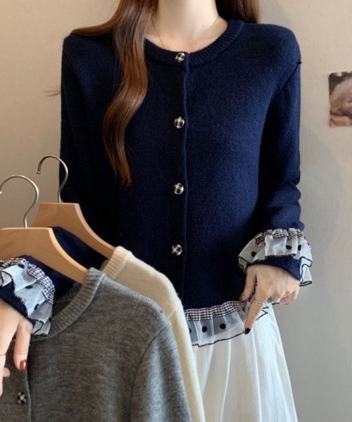 SPIGA(スピーガ)の「チェック×水玉クルーネックニットカーディガン(カーディガン/ボレロ・レディース・アイボリー/グレー/ブルー/ネイビー・FREE)」の9枚目の写真