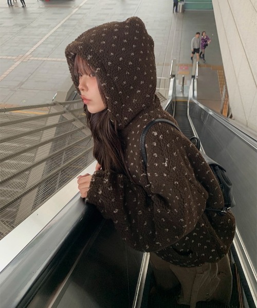 セール】ハート模様ドット柄フリースジップパーカー（ブルゾン